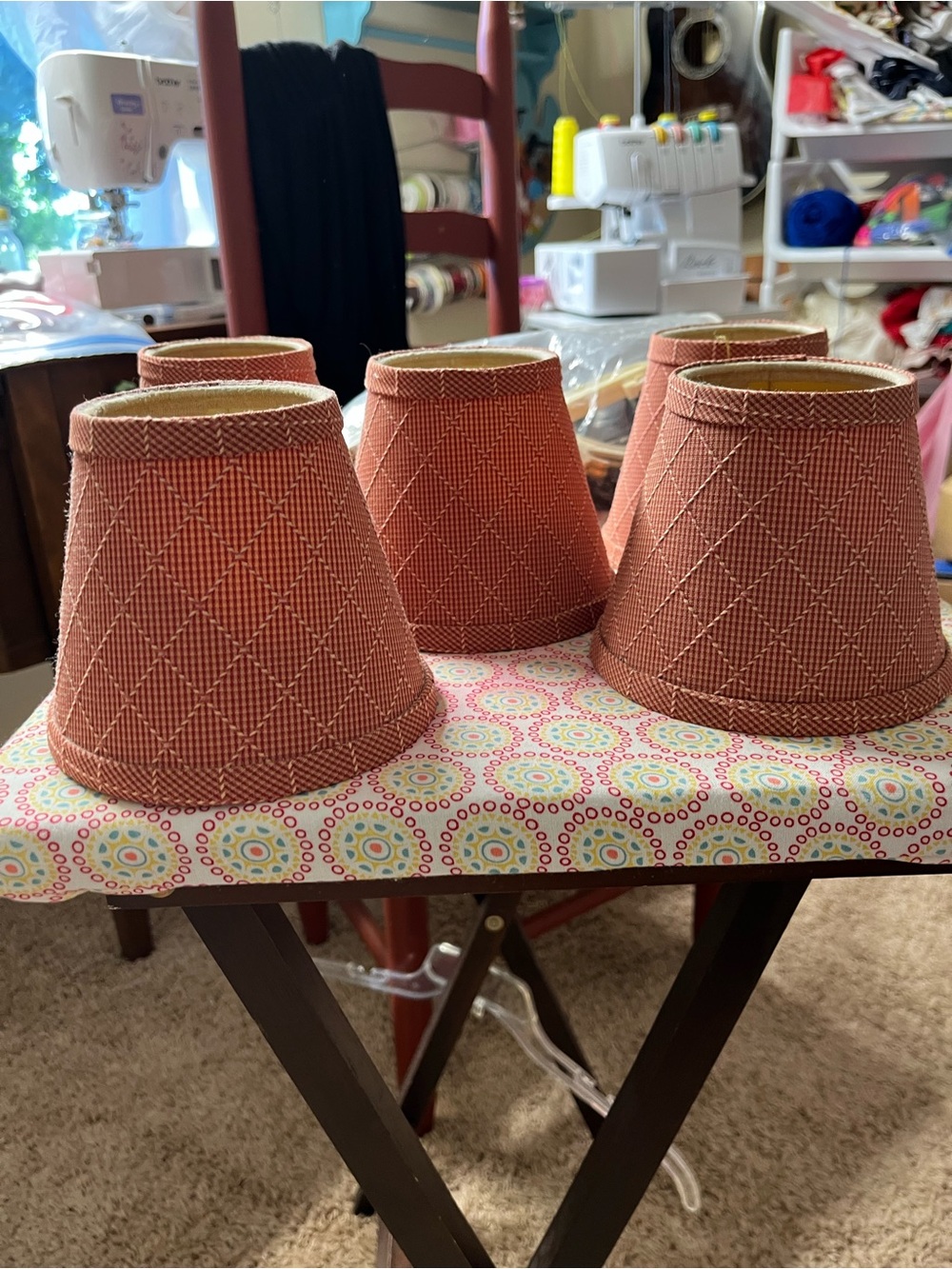 Set of 5 Rust Red Fabric Lantern Shades - Textured Diamond Pattern